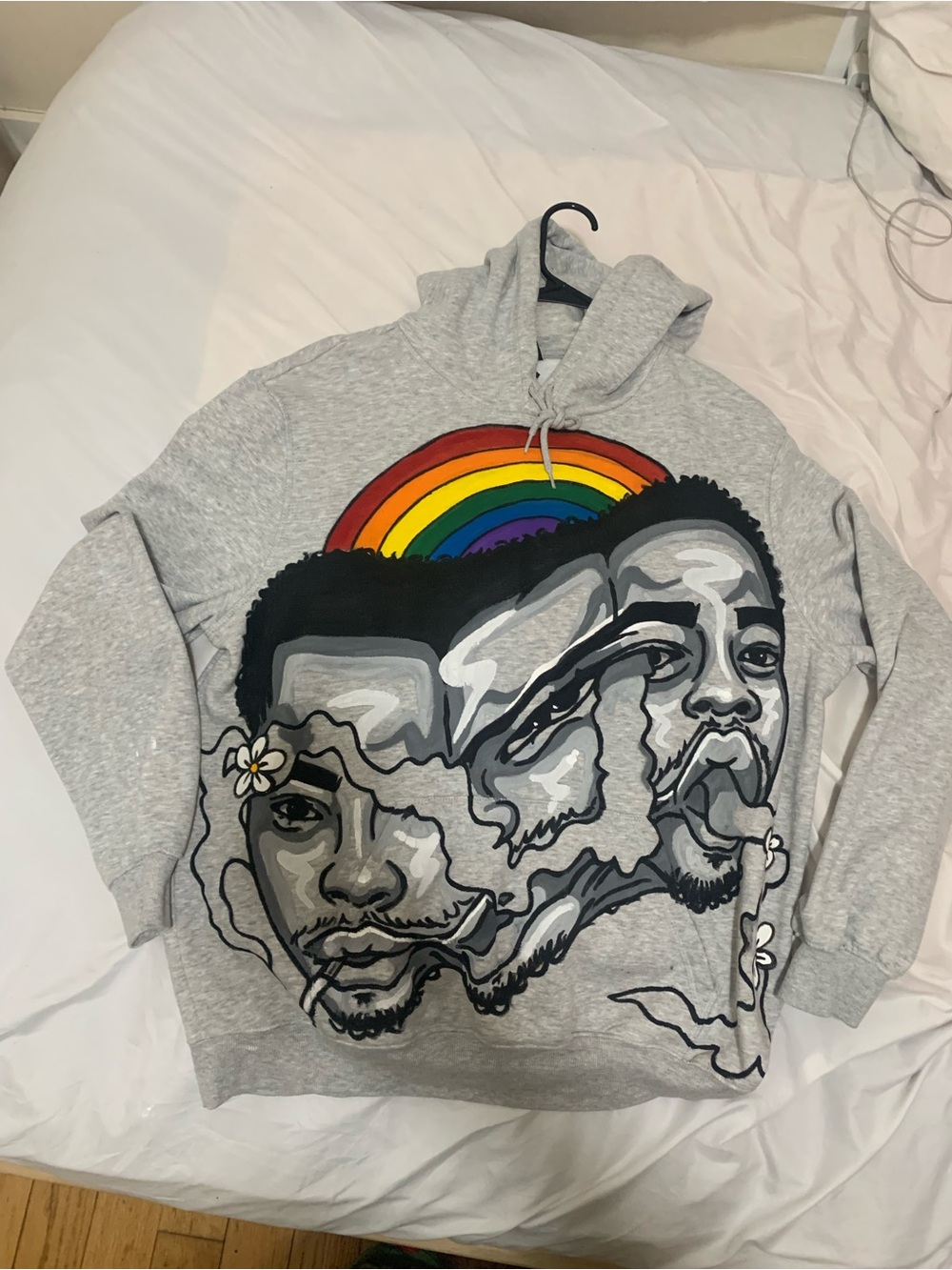 H&M Light Gray Hoodie with Rainbow and Monochrome Portraits
